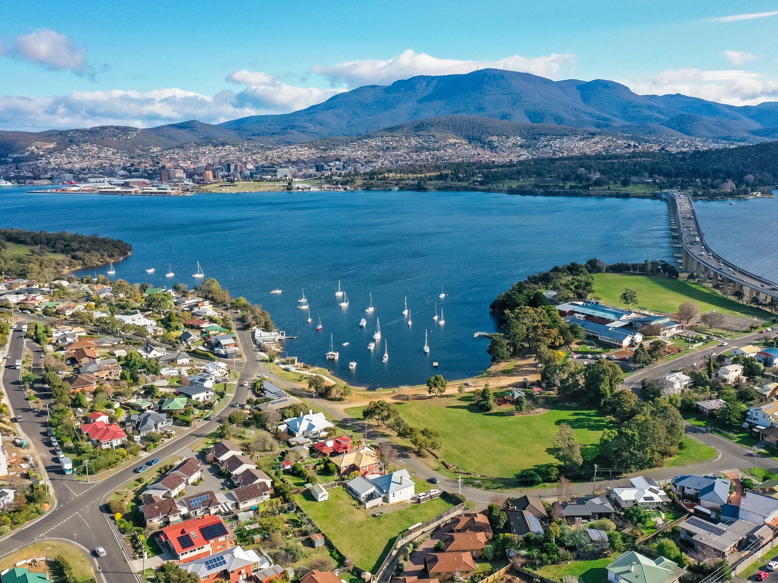 Aerial view over Sandy Bay to Hobart, the Derwent River and Mount Wellington